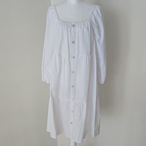 Mlle Gabrielle White Button-Front Peasant Midi Dress